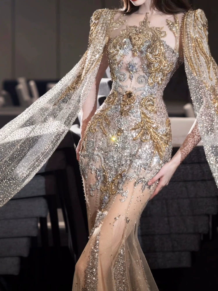Luxurious Wedding Dresses Mermaid Scoop Neck Long Sleeves Gold With Sleeves Cape Sequins Brides Dress For Fitted Bridal Gowns AB2283
