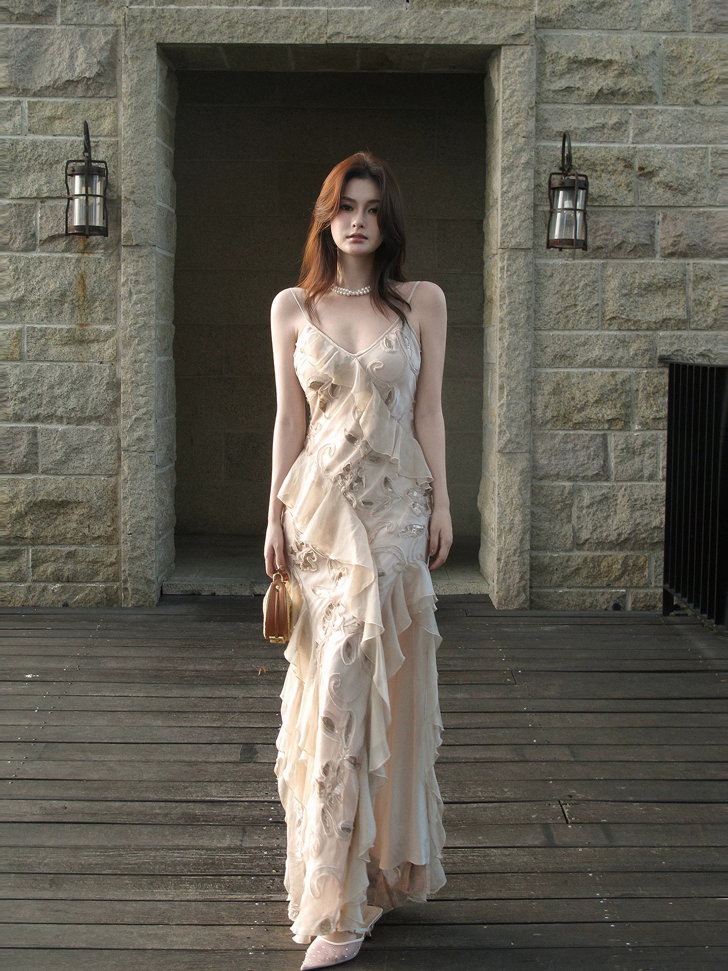 Elegant Mermaid Spaghetti Strap Pink Chiffon Rose Sequin Long Layered Prom Dress Aesthetic Graduation Evening Outfits N085