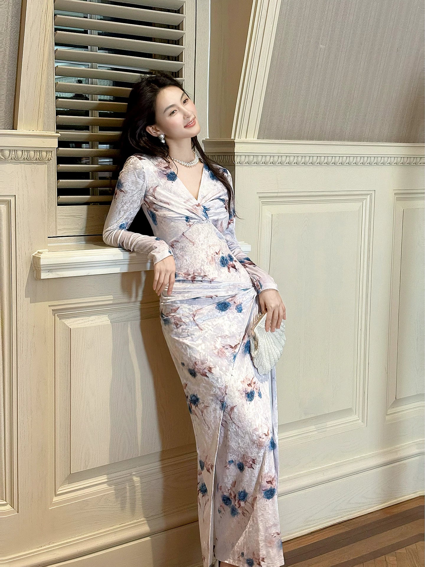 Elegant Sheath V Neck Long Sleeves Floral Lilac Bodycon Pleated Prom Dress Graduation Birthday Holiday Outfits N090