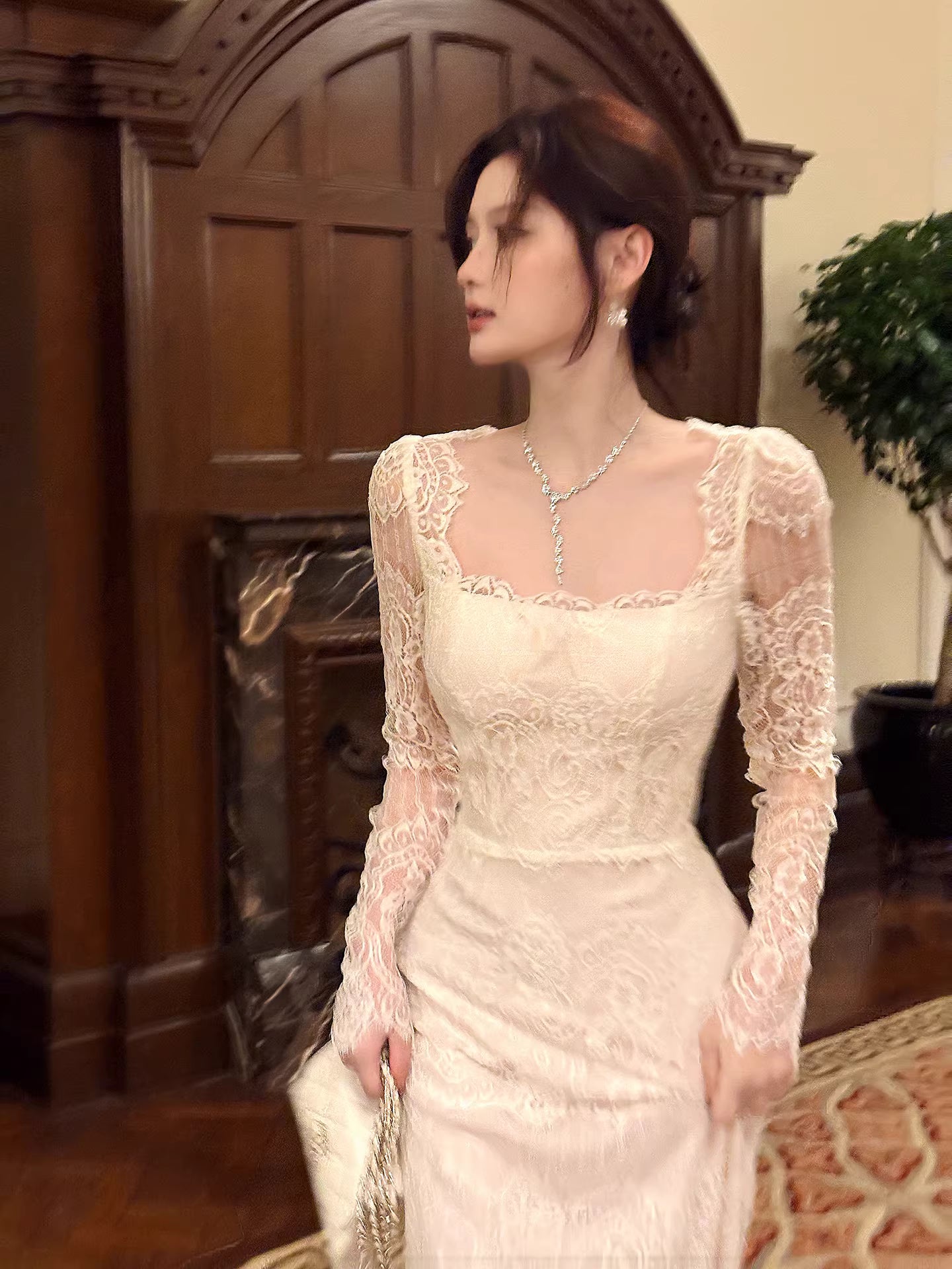 Sexy Mermaid Square Neck Lace White Long Sleeves Ankle Length Prom Dresses Wedding Guest Dress 22th Birthday Outfits AB2491