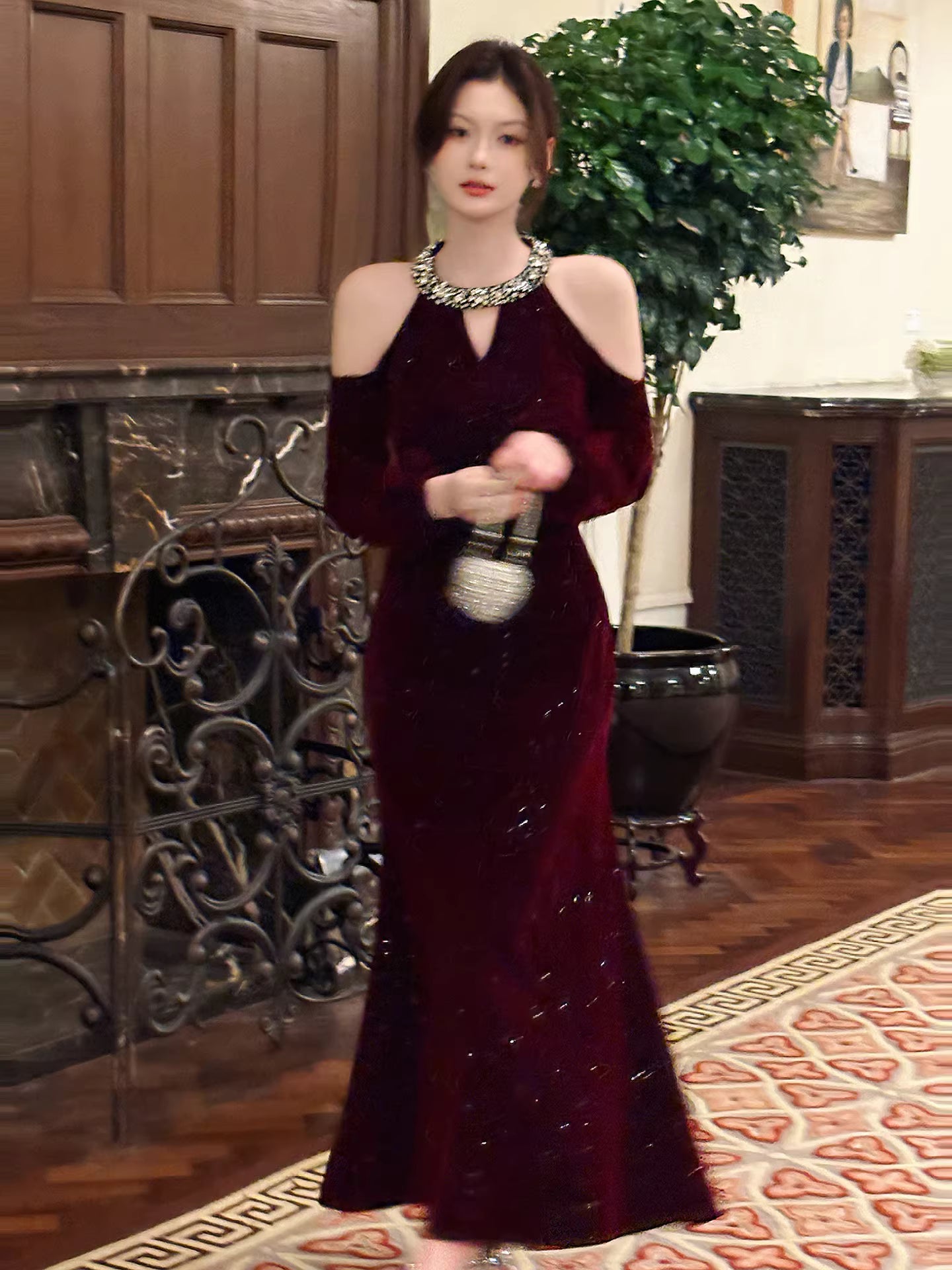 Sexy Mermaid Jewel Neck Burgundy Velvet Long Sleeves Ankle Length Prom –  RubyFashionDress