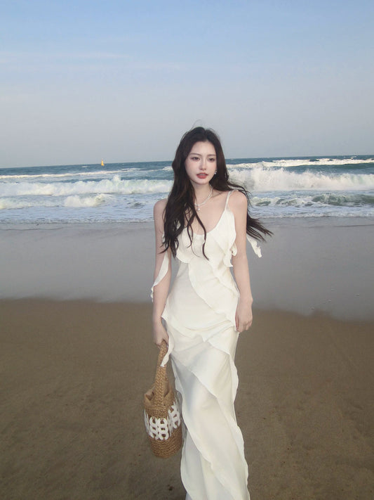 Sexy Mermaid Spaghetti Straps White Chiffon Prom Dresses Wedding Guest Dress 20th Birthday Outfits AB2477
