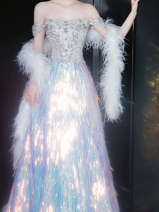Glittery Ball Gown Off The Shoulder Blue Sequins Prom Dresses Inspiration Long Party Night Evening Dress 20th Birthday Outfits AB2339