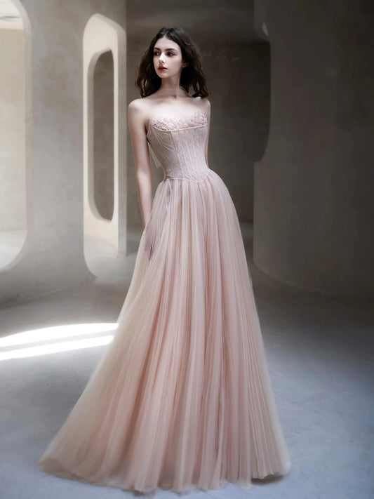 Classy A line Strapless Light Pink Tulle Long Formal Prom Dresses Dance Night Outfits Party Gowns AB2199