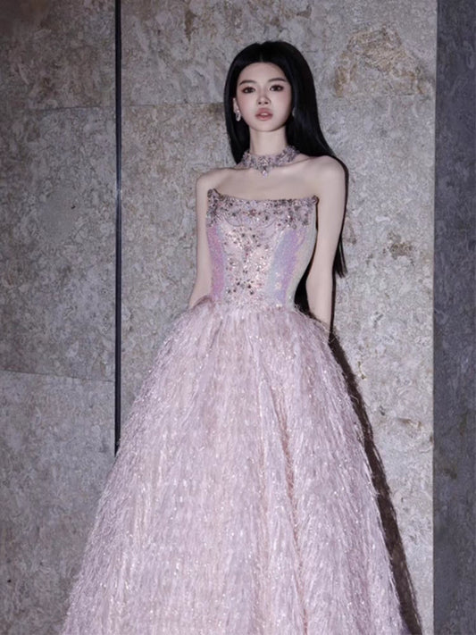 Princess Ball Gown Strapless Pink With Beads Prom Dresses Inspiration Long Party Night Gowns 18th Birthday Outfits AB2233