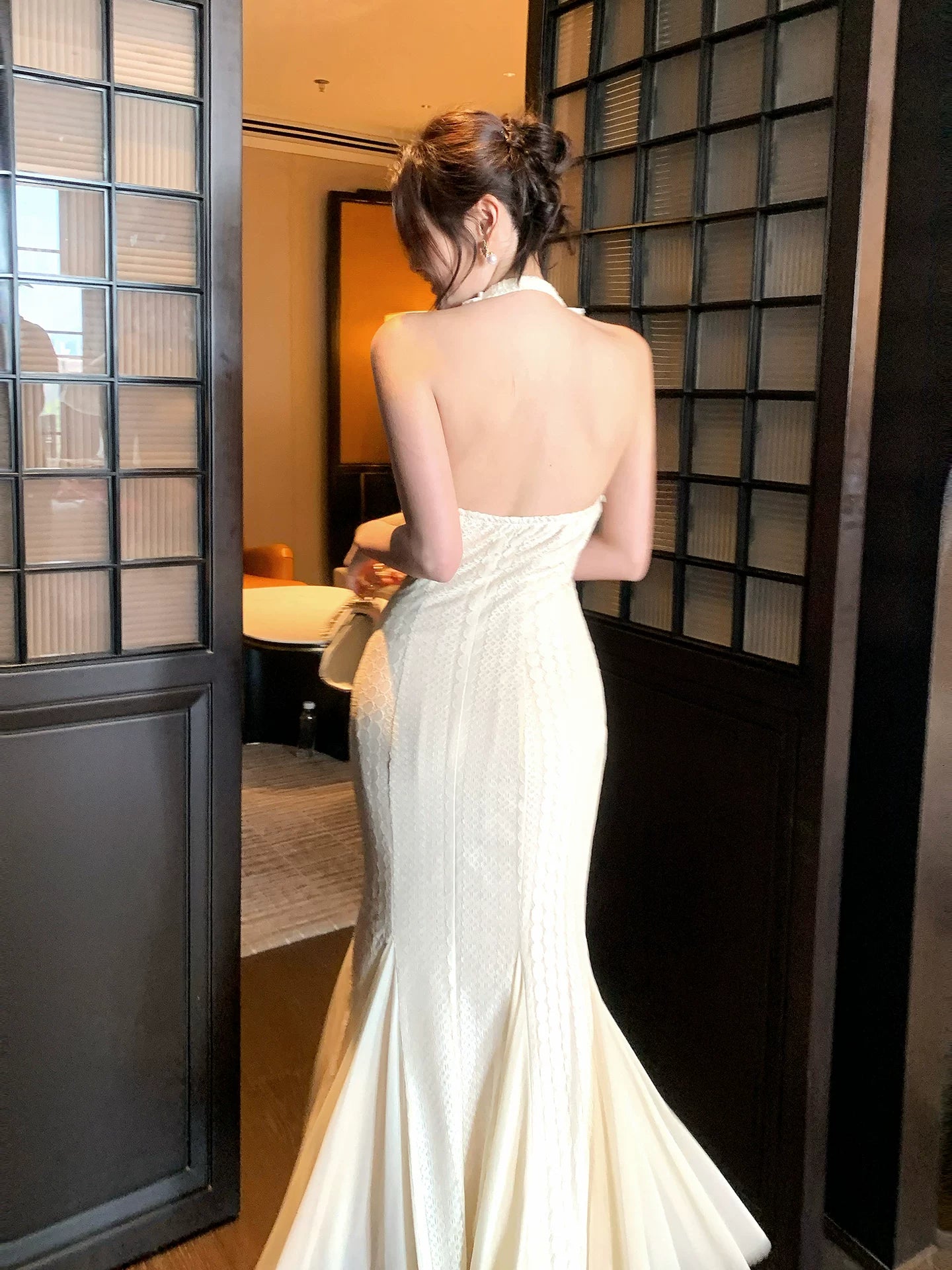 Modest Mermaid Halter Ivory Lace Prom Dresses Wedding Guest Gown 18th Nigh Party Birthday Outfits AB2424