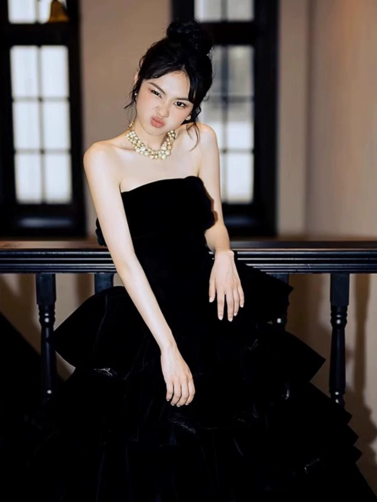 Princess Ball Gown Strapless Black Velvet With Gloves Prom Dresses Inspiration Long Party Night Gowns 18th Birthday Outfits AB2232
