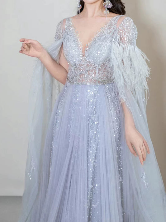 Elegant A Line V Neck Light Sky Blue Tulle Prom Dresses Inspiration Long Party Evening Dress 19th Birthday Outfits AB2300