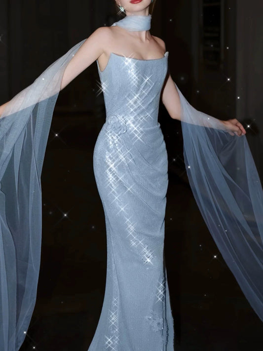 Modest Mermaid Strapless Sequins Blue With Scarf Prom Dresses Inspiration Long Party Evening Dress 21st Birthday Outfits AB2290