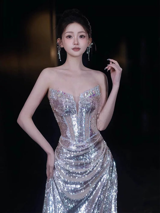 Sparkly Mermaid Strapless Sequins With Beaded Bodice Prom Dresses Inspiration Long Party Night Gowns 20th Birthday Outfits AB2249