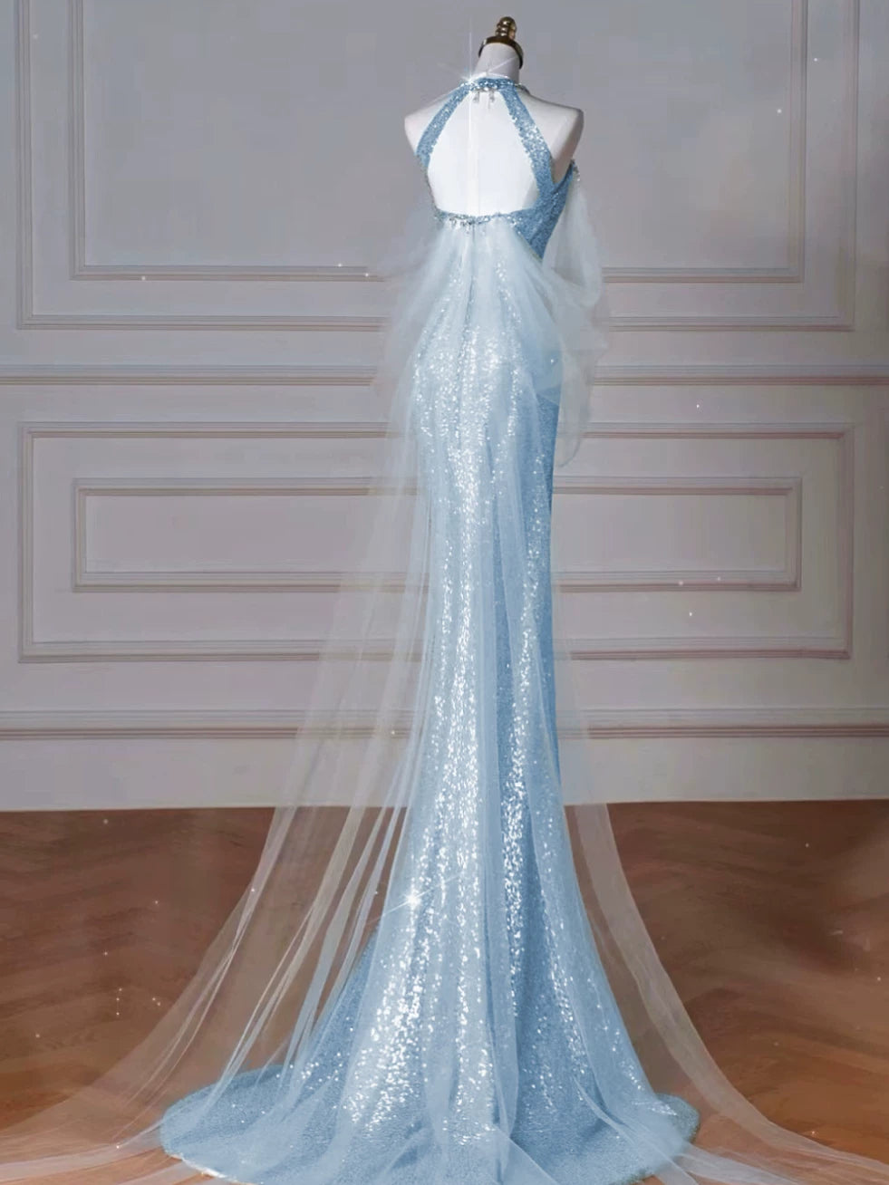 Modest Mermaid High Neck Blue Sequins Prom Dresses Inspiration Long Party Night Evening Dress 19th Birthday Outfits AB2273