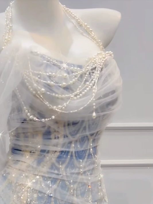 Modest Mermaid Off The Shoulder Tulle Blue With Pearls Prom Dresses Inspiration Long Party Evening Dress 21st Birthday Outfits AB2289