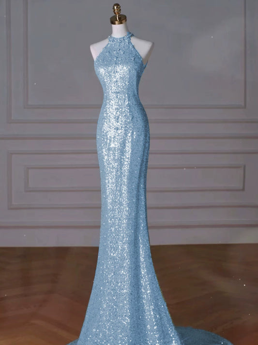 Modest Mermaid High Neck Blue Sequins Prom Dresses Inspiration Long Party Night Evening Dress 19th Birthday Outfits AB2273