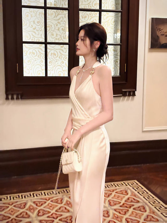 Modest Sheath Halter Ivory Satin Evening Dresses Wedding Guest Dress Nigh Dance 20th Birthday Outfits AB2500