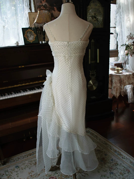 Vintage 70s Mermaid Spaghetti Straps Black Polka Dots Prom Dresses Inspiration Long Party Evening Dress 18th Birthday Outfits AB2381