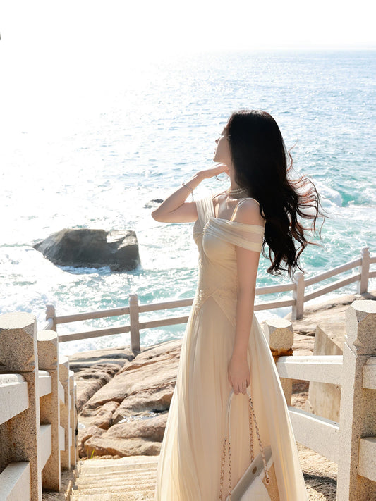 Elegant A Line Spaghetti Straps Champagne Chiffon Sleeveless Long Prom Dresses 18th Birthday Outfits AB2409