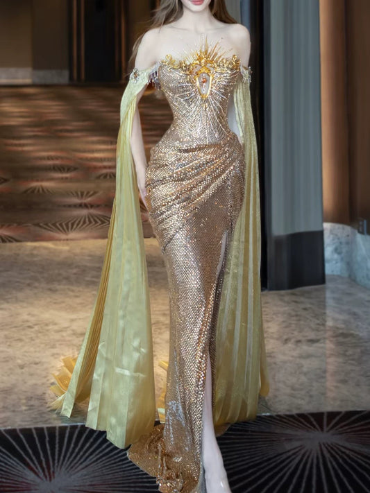 Modest Mermaid Strapless Gold Long Sleeves Slit Sequins Prom Dresses Inspiration Long Party Evening Dress 21st Birthday Outfits AB2287