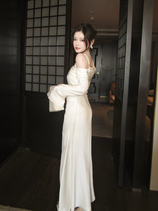 Elegant Mermaid Off The Shoulder White Silky Satin Ankle Length Prom Dresses 16th Nigh Party Birthday Outfits AB2430