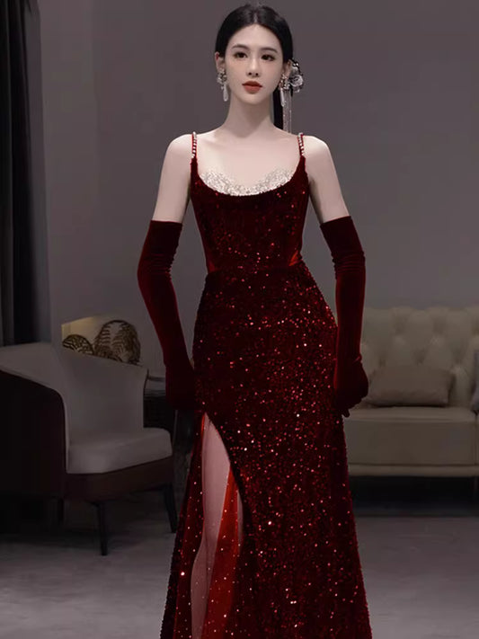 Glamour Mermaid Spaghetti Straps Burgundy Sequin Long Prom Dresses Party Dress 20th Birthday Outfits Prom Gowns AB2245