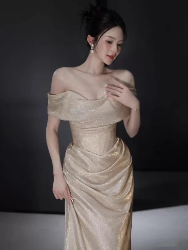 Sexy Mermaid Off The Shoulder Champagne Long Sequins Prom Dresses Party Dress 16th Birthday Outfits Graduation Dress AB2244