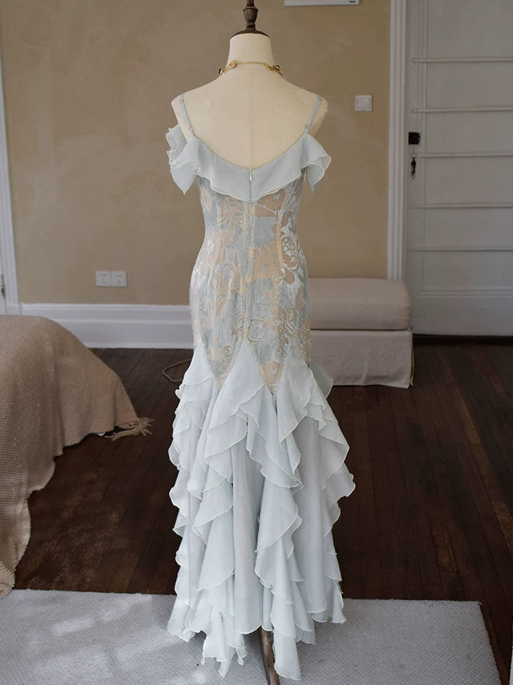 Vintage 1960s Mermaid Spaghetti Straps Light Sky Blue Chiffon Prom Dresses Inspiration Long Party Dress 18th Birthday Outfits AB2388