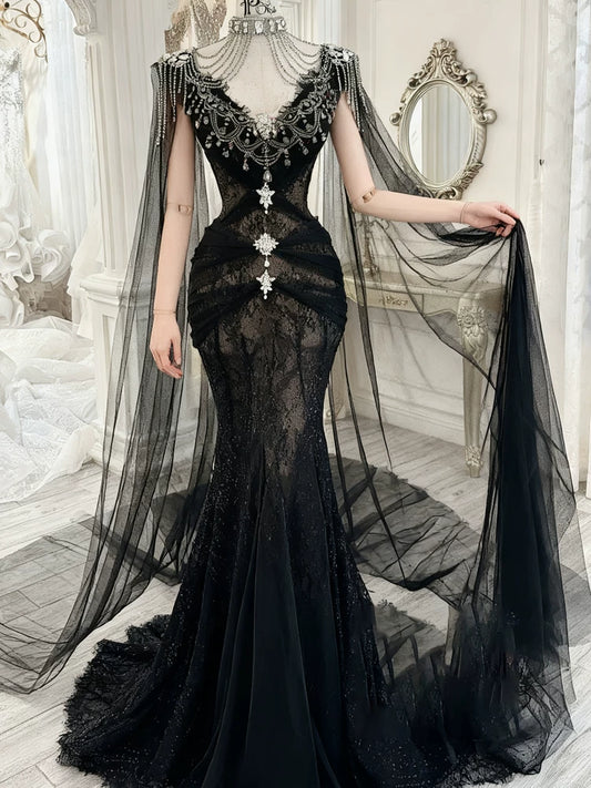 Modest Prom Dresses Aesthetic Mermaid V Neck Black Tulle Inspiration With Long Sleeves Cape Long Party Formal Gown AB2337
