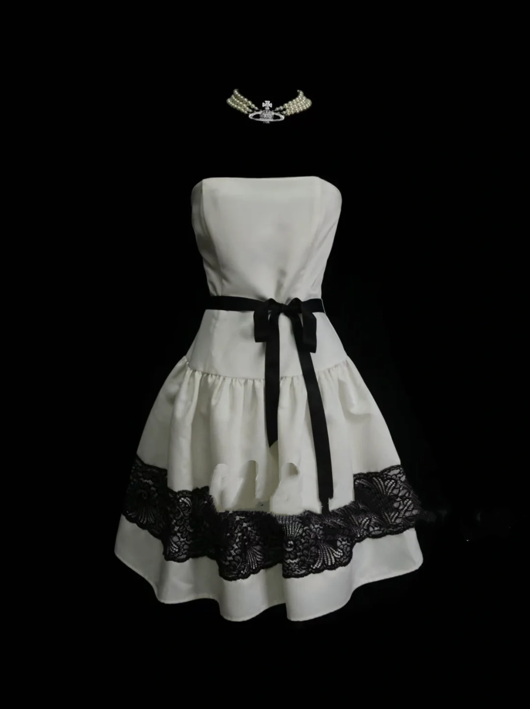 Cute Ball Gown Strapless White Satin With Black Lace Short 18th Birthd – RubyFashionDress