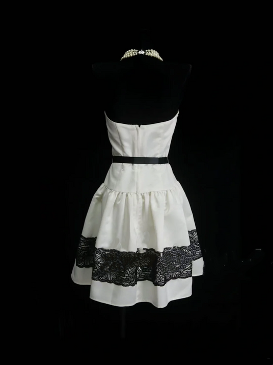 Cute Ball Gown Strapless White Satin With Black Lace Short 18th Birthday Dress Homecoming Dresses Cocktail Gown OB016