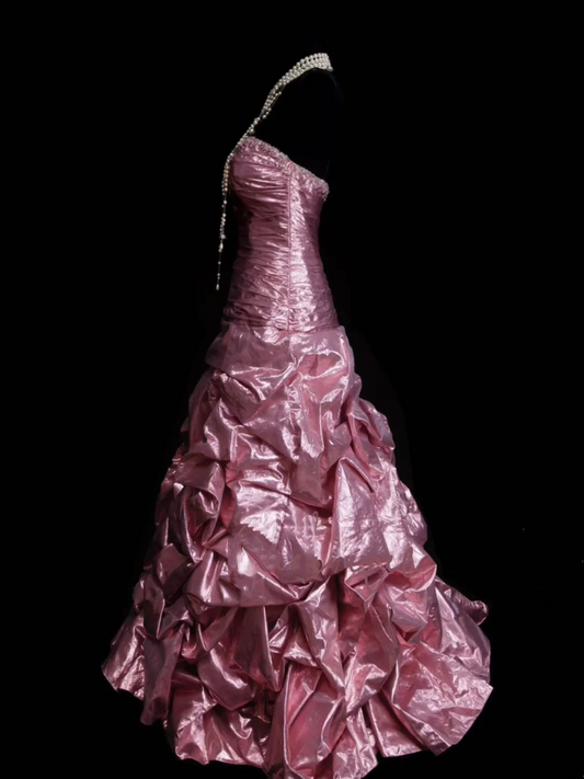 Classy Ball Gown Sweetheart Pink Organza With Beadings Layered Long Prom Dresses Trendy Party Dress For Women OB022