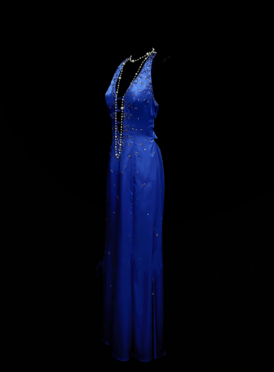 Fancy Mermaid Halter Royal Blue Satin Long Prom Dresses Formal Gowns Inspo Evening Outfit OB039