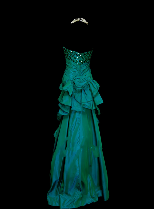 Chic A line Sweetheart Green Satin Pleated With Sequined Bodice Long Prom Dresses Party Dress 18th Birthday Outfits Graduation Dress OB045
