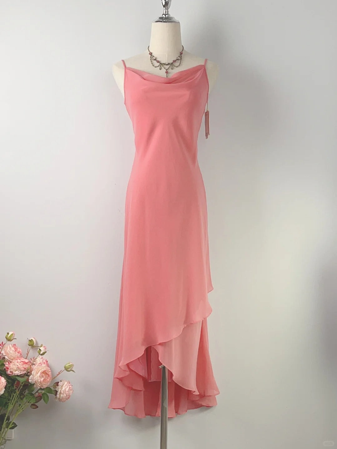 Vintage Sheath 80s Spaghetti Strap Pink Ankle Length With Ruffles Prom Dresses Formal Outfits RB3903