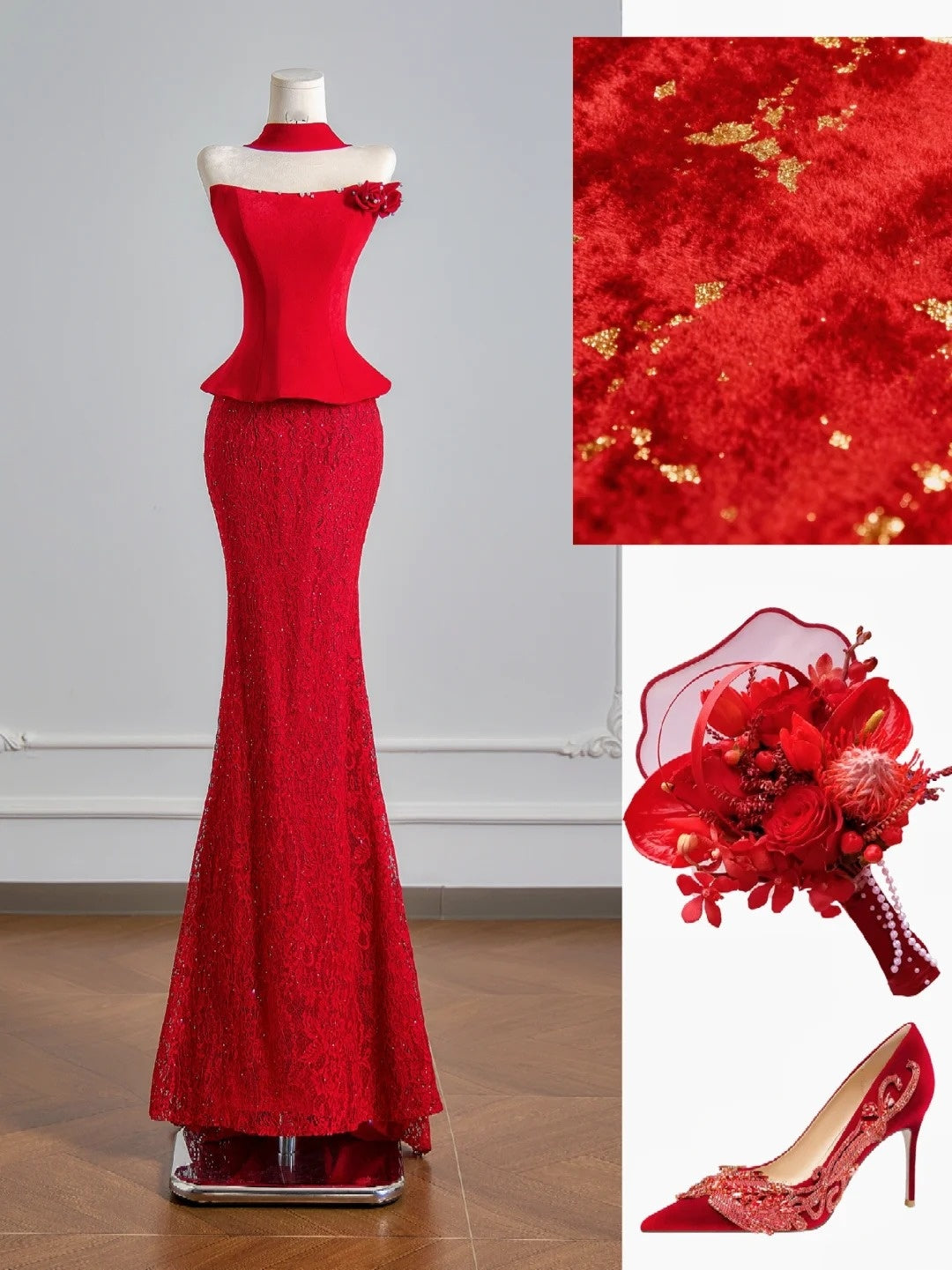 Flattering Mermaid Strapless Red Satin Lace Prom Dresses Long Evening Formal Birthday Party Gowns N387