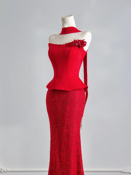 Flattering Mermaid Strapless Red Satin Lace Prom Dresses Long Evening Formal Birthday Party Gowns N387