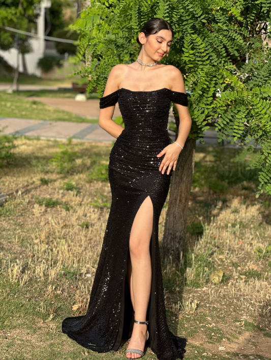 Shinning Mermaid Off The Shoulder Black Sequins Prom Dresses Long 18th Birthday Outfit Senior High School Dance Party Dress RB1238