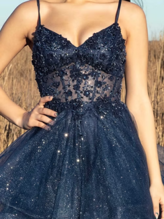 Chic Ball Gown Spaghetti Straps Navy Blue Tulle Long Prom Dresses Inspiration Party Dress Prom Gowns RB1295