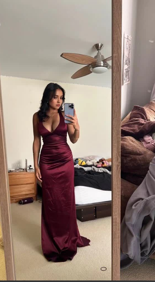 Chic Mermaid V Neck Burgundy Satin Prom Dresses Formal Dress 18th Birthday Outfits Prom Gown RA072