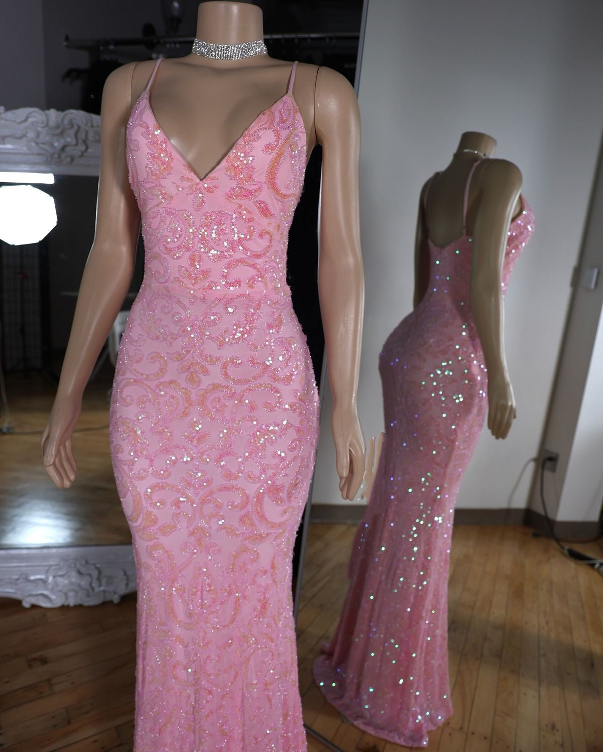 Shinning Mermaid Spaghetti Straps Pink Sequin Prom Dresses Formal Dress Birthday Outfits Prom Gown RA017