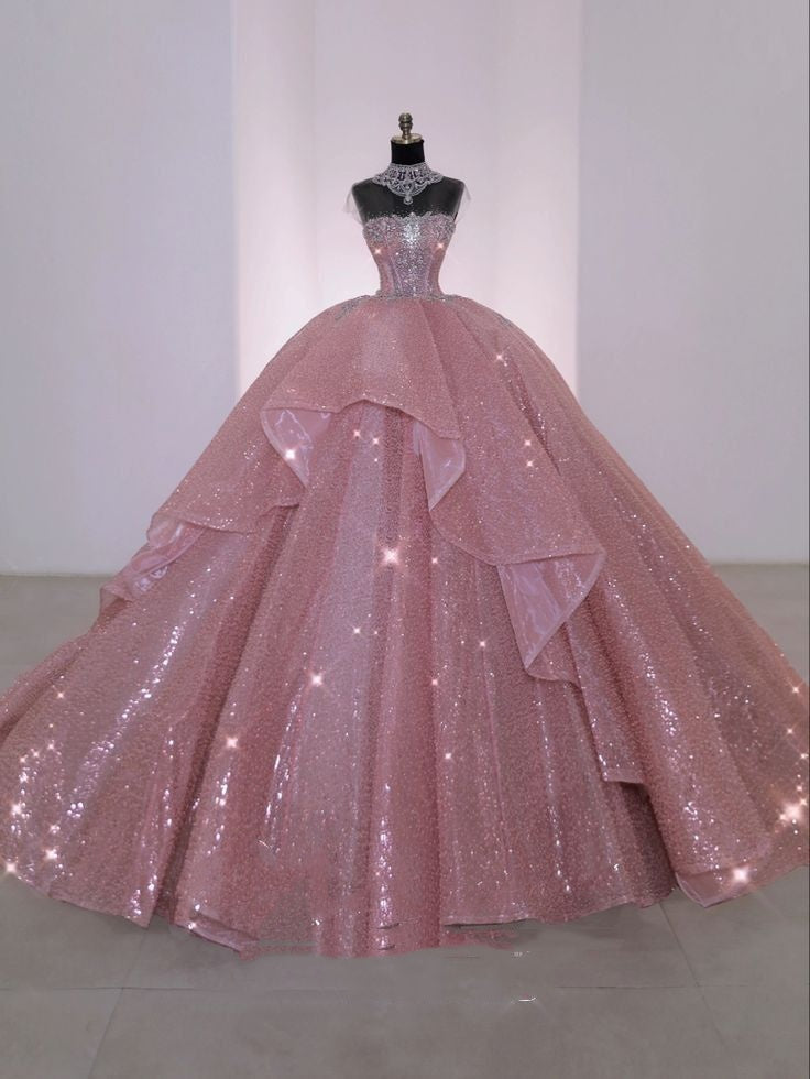 Shiny Quinceanera Dresses Ball Gown Strapless Pink Sequin Birthday Gow – RubyFashionDress