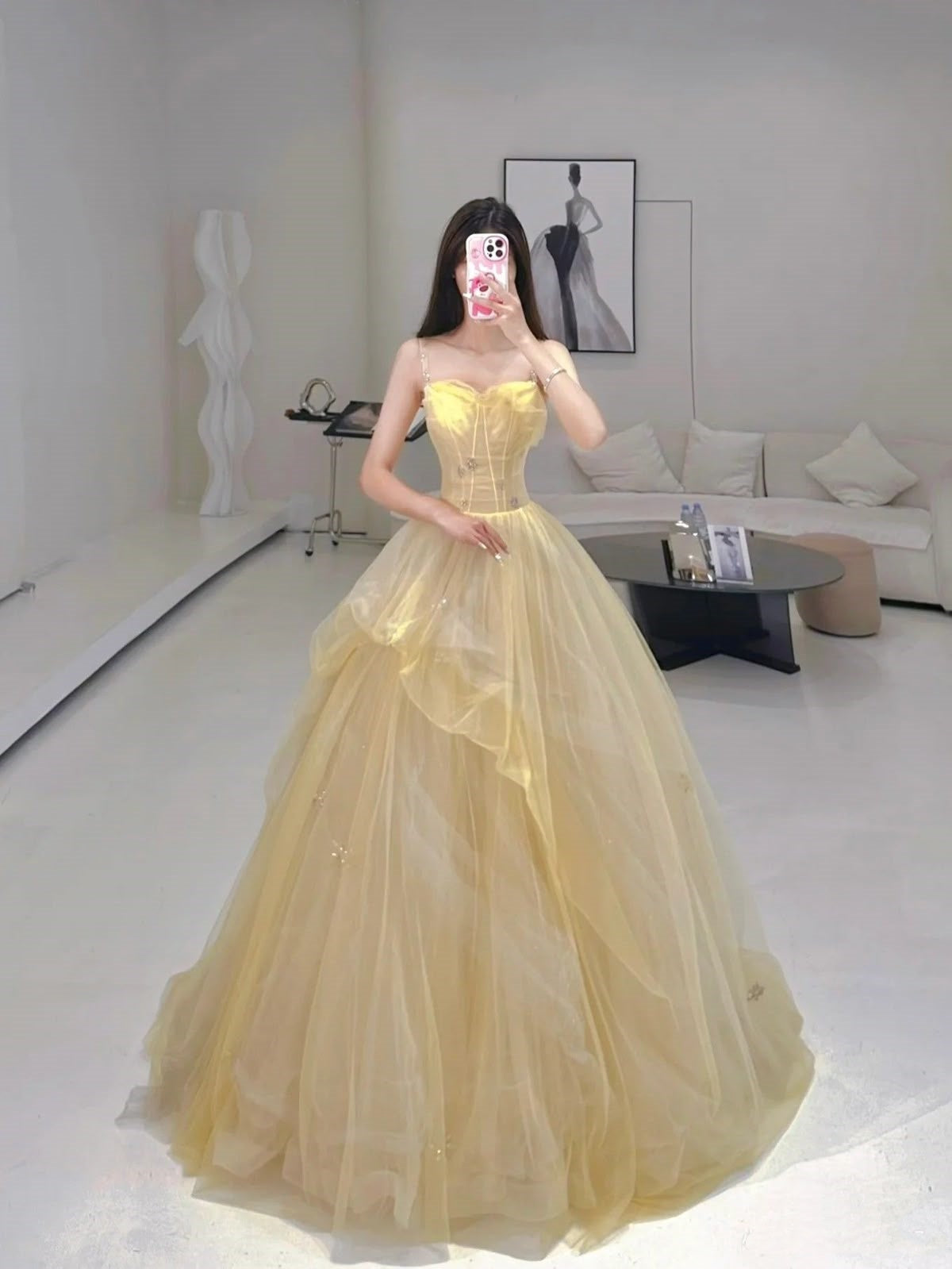 Cute Quinceanera Dresses Ball Gown Spaghetti Straps Yellow Birthday Go – RubyFashionDress