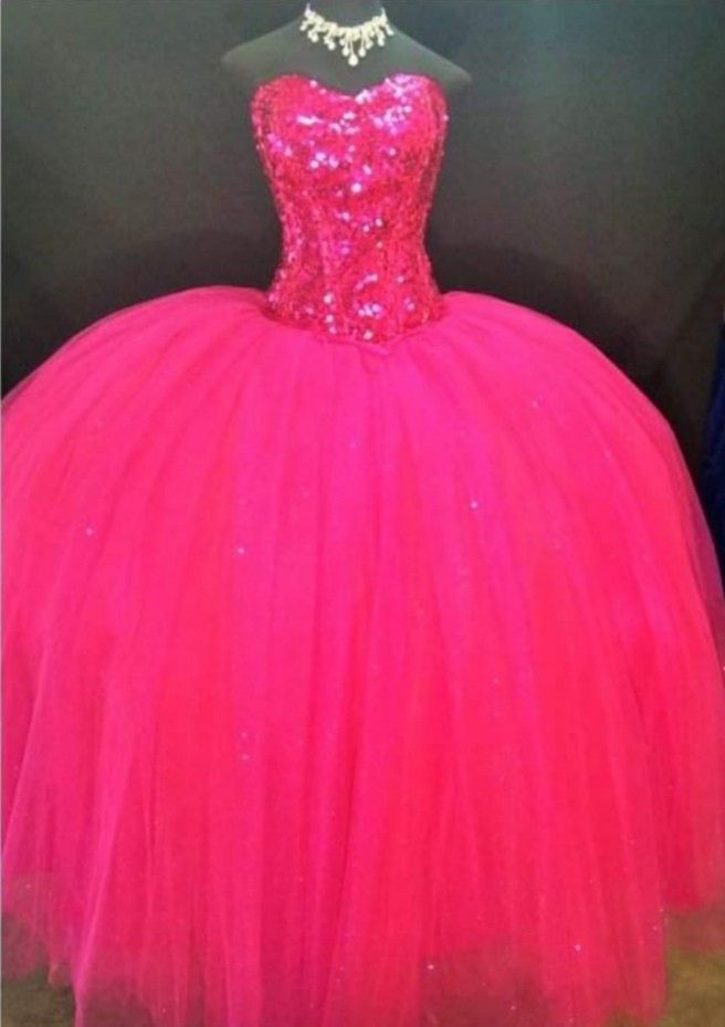 Charming Ball Gown Sweetheart Hot Pink Tulle Long Quinceanera Dress Sweet 15 16 Dresses RA036