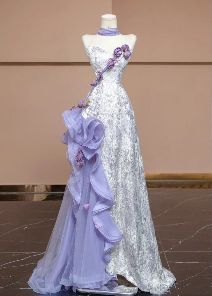Modest Mermaid Sweetheart Lilac Tulle Silver Sequin Floor Length Prom Dresses Formal Dress Birthday Outfits Prom Gown RA037