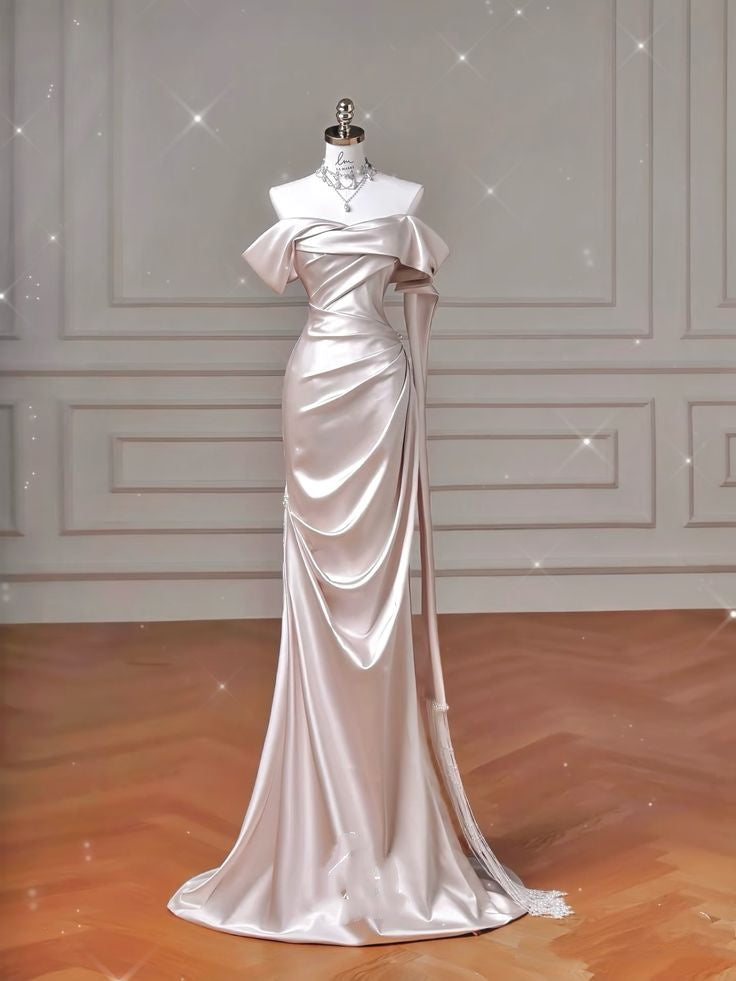 Simple Mermaid Off The Shoulder Light Pink Satin Pleated Prom Dresses Long Party Dress Prom Gowns RB1297