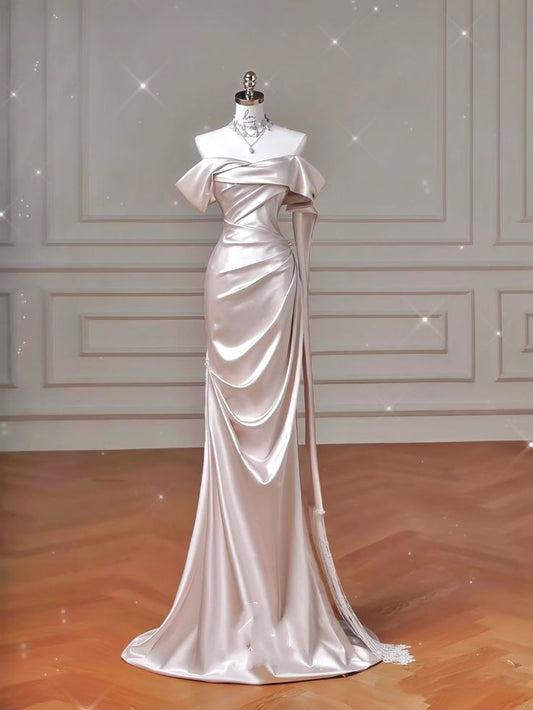 Simple Mermaid Off The Shoulder Light Pink Satin Pleated Prom Dresses Long Party Dress Prom Gowns RB1297