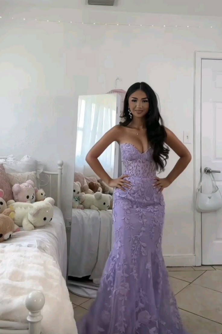 Amazing Mermaid Sweetheart Lace Lilac Long Prom Dresses Inspiration Party Dress Prom Gown RA059