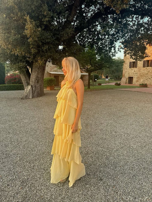 Classy A line Halter Yellow Chiffon Layers Long Prom Dresses Formal Dress Birthday Outfits Prom Gown RA020