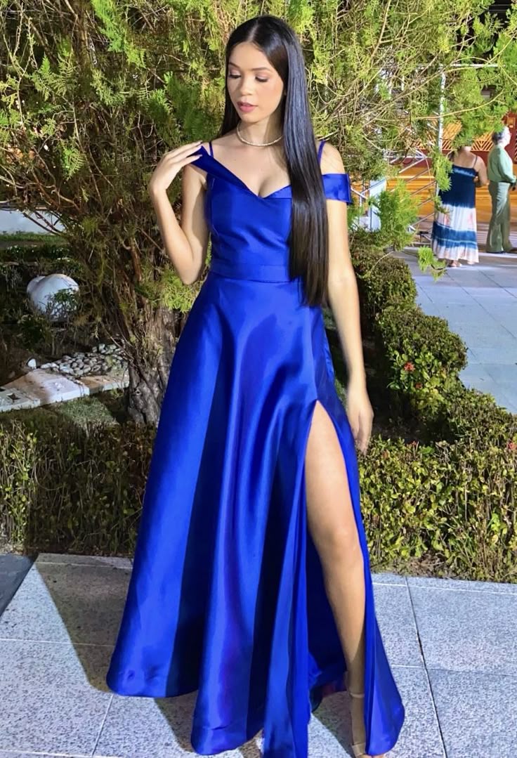 Unique A Line Spaghetti Straps Royal Blue Slit Prom Dresses Long Party Dress Birthday Outfits Graduation Dress RB1007