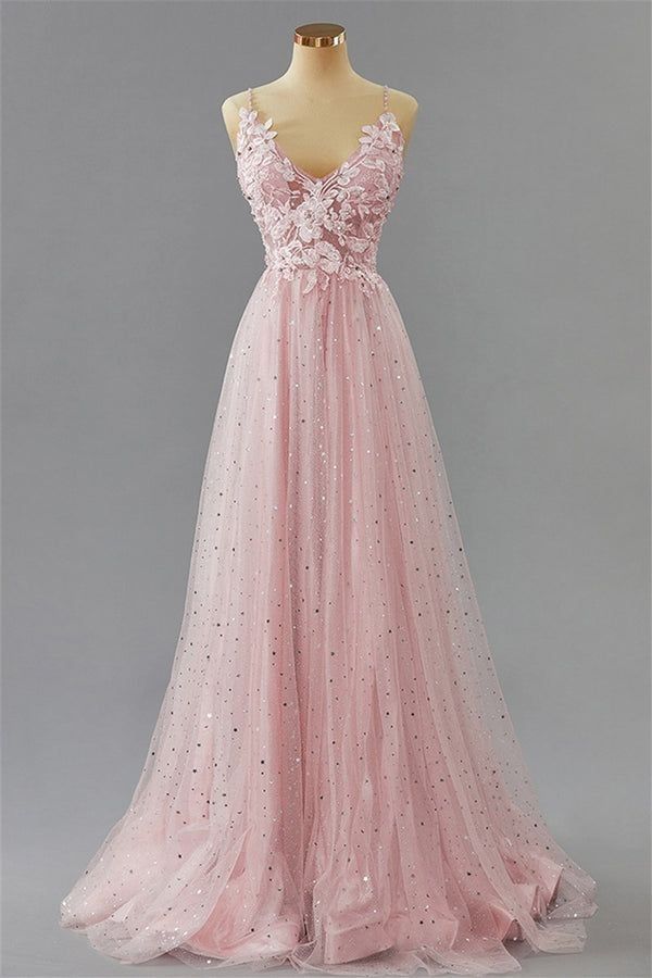 Classy Ball Gown Spaghetti Straps Blush Pink Tulle Lace Prom Dresses Long Party Dress 18th Birthday Outfit Graduation Dress RB1050