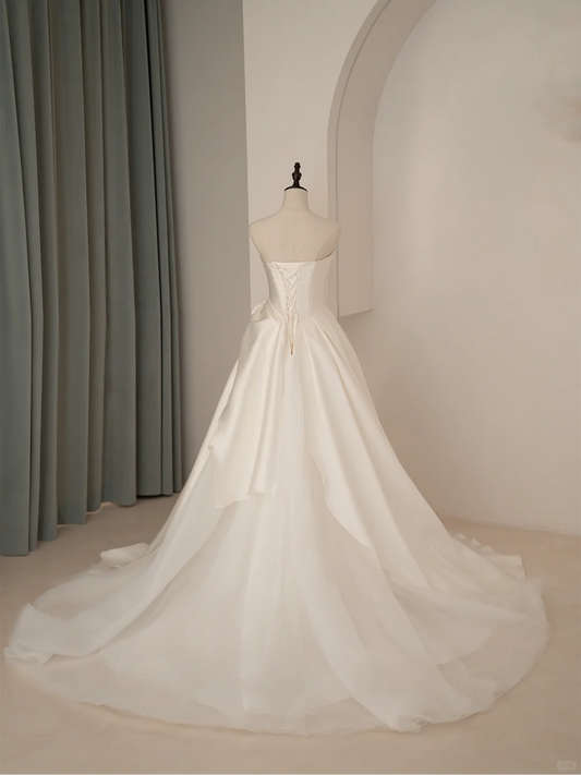 Simple Ball Gown Strapless Sleeveless White Satin Fitted Corset Wedding Dress Styles Long Bridal Gown Wedding Gowns RB1070