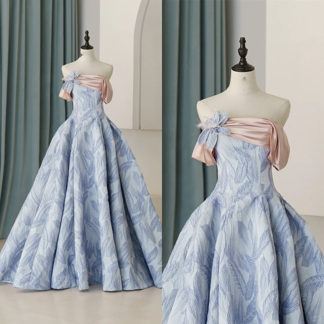 Modest Trendy Ball Gown Strapless Blue Satin Pleated Prom Dresses Style Long Senior High School Party Dress RB1084